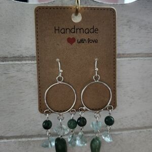 Handmade Silver Earrings Dangled With Genuine Aventurine And Aquamarine Stones